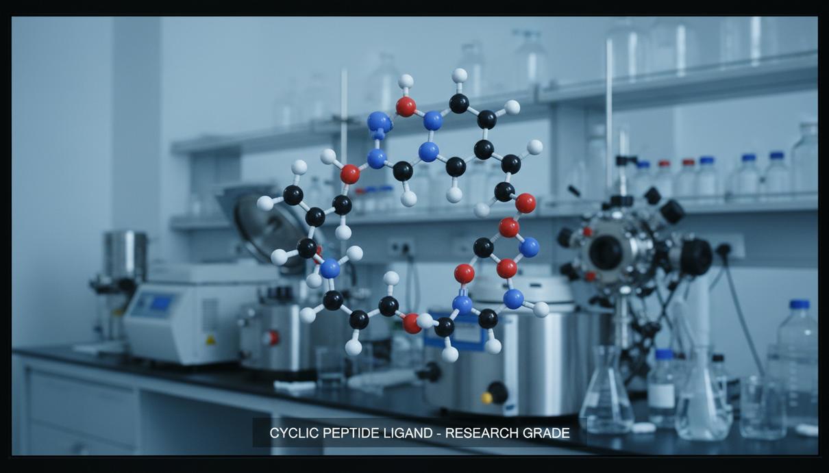 Монитор с трехмерной моделью циклического пептида в интерьере современной научной лаборатории.