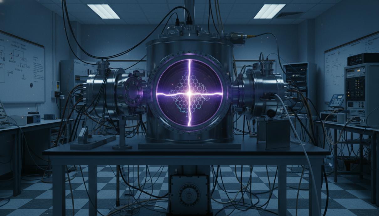 Фиолетовый пучок частиц проходит сквозь полупрозрачную кристаллическую решетку графена в лаборатории