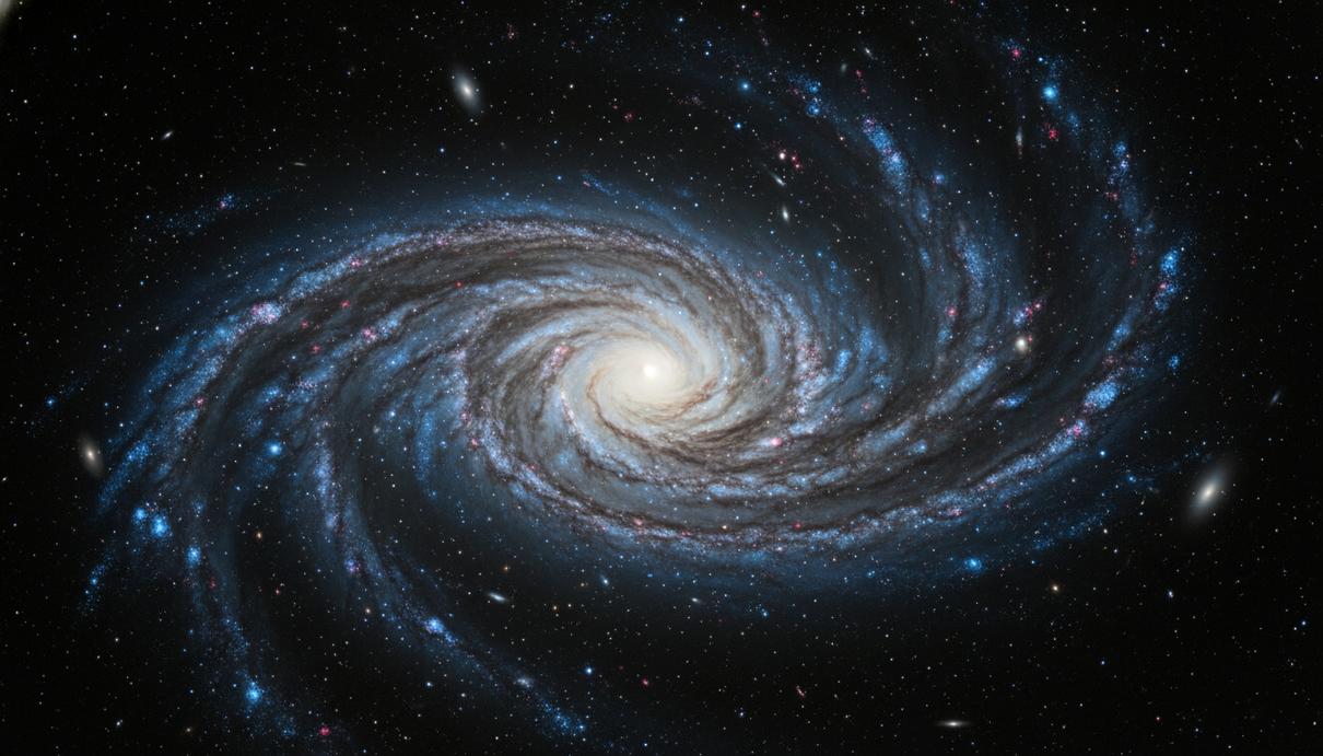 Вид на спиральную галактику с ярким ядром и закрученными рукавами из звезд и пыли в темном космосе