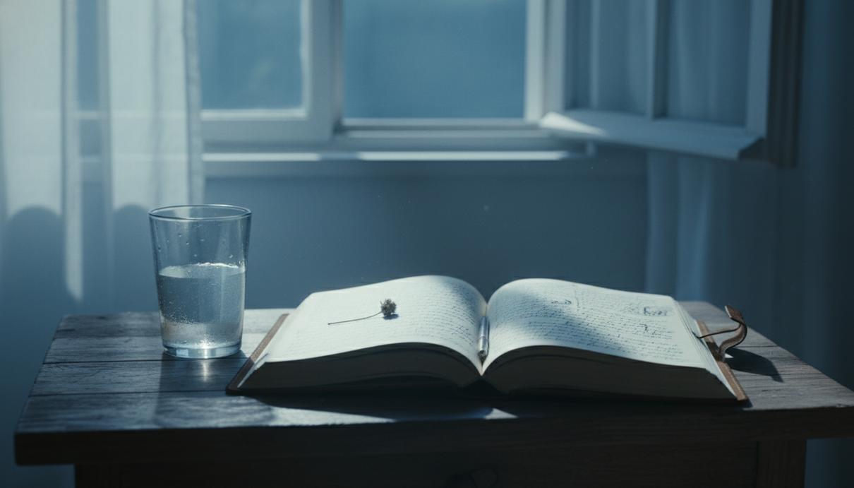 Открытая записная книжка на деревянной тумбе в комнате, освещенной лунным светом из окна