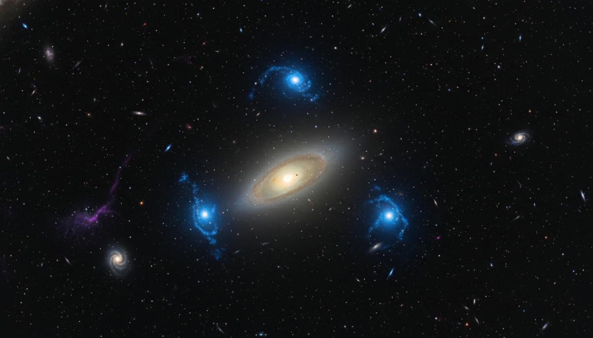Пять ярко-голубых точек света, окружающих две центральные галактики в глубоком космосе