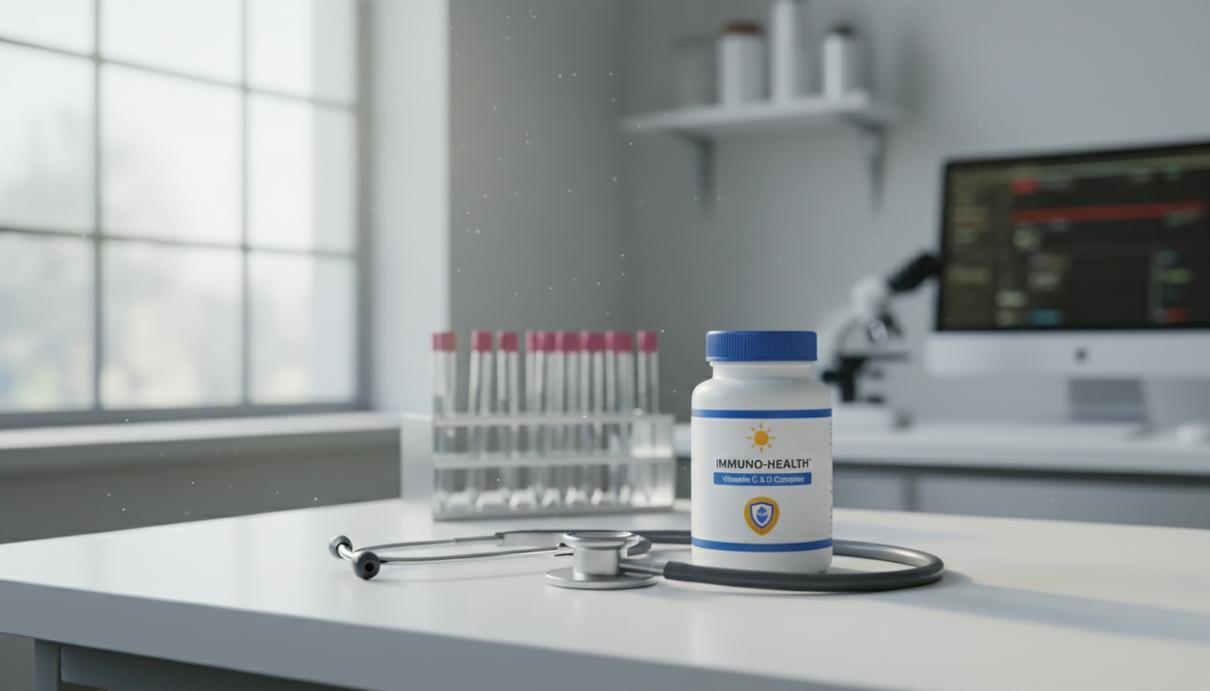 Белый флакон с витаминами и стетоскоп на рабочем столе врача в светлом кабинете клиники.