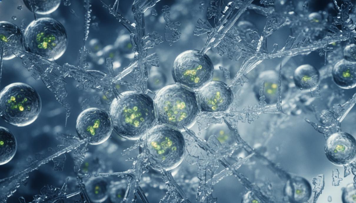 Прозрачные мембранные пузырьки и органические частицы внутри ледяных кристаллов в холодном освещении.