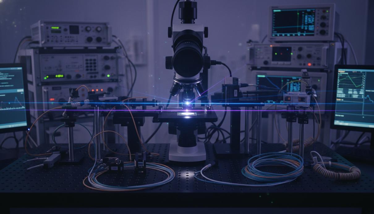 Лабораторная установка с лазерами, линзами и полупроводниковым кристаллом на оптическом столе в темном помещении