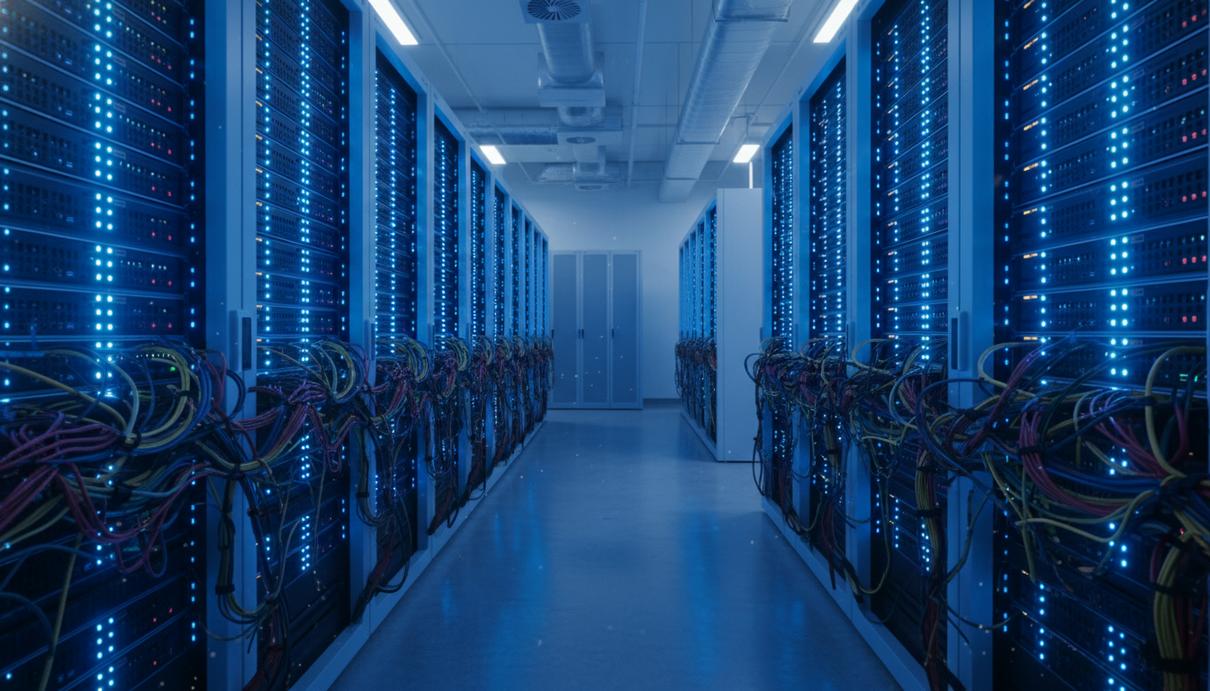 Серверная стойка в темном помещении с рядами мигающих синих индикаторов и подключенными проводами.