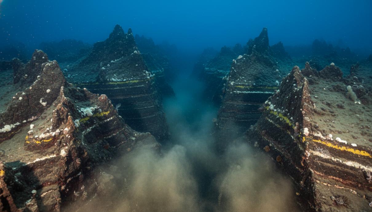 Глубоководный разлом земной коры на дне океана с массивными каменными выступами и осадочными породами.