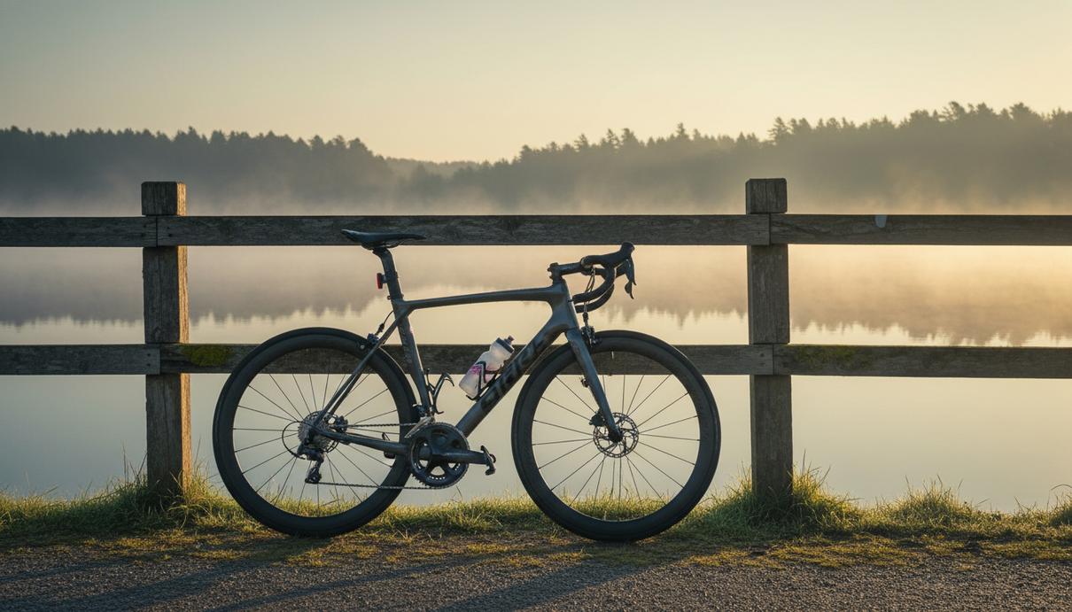 Велосипед у деревянного забора на берегу озера в лучах утреннего солнца