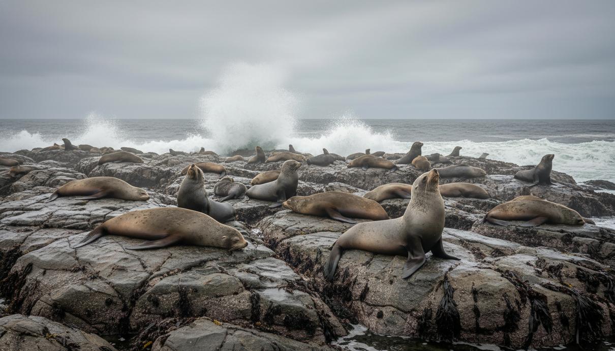 Морские котики отдыхают на скалистом берегу у воды на фоне морской пены.