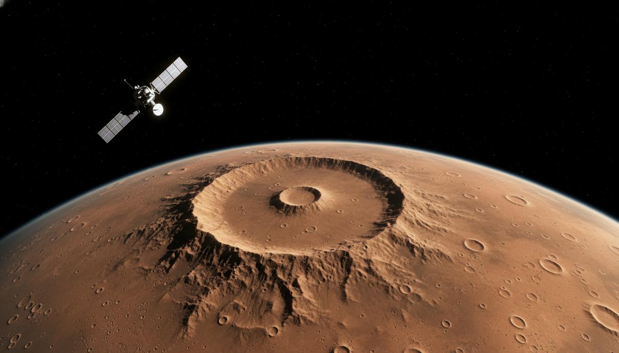 Зонд NASA совершил гравитационный маневр у Марса на пути к астероиду Психея Вид из космоса на поверхность Марса с высоты орбиты с крупным двойным кратером Гюйгенс и каменистым рельефом.