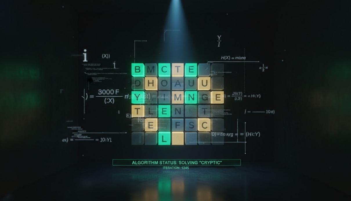 Математики создали метод для решения Wordle с точностью 99% Цифровой интерфейс с сеткой из светящихся кубиков зелёного, жёлтого и серого цветов на тёмном фоне, символизирующий решение головоломки.