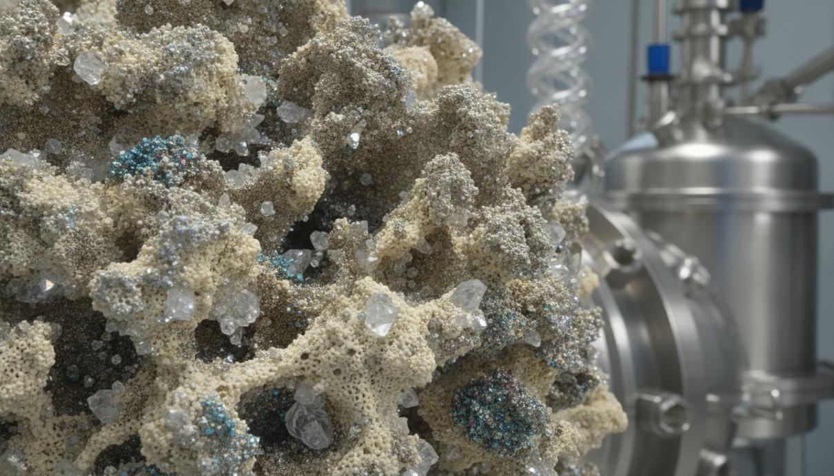 Создан катализатор для синтеза метанола из CO2 с тройной эффективностью Крупный план поверхности сложного катализатора с пористой металлокерамической структурой в лаборатории.