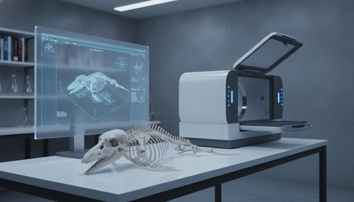Ученые создали 3D-модель скелета вымирающей калифорнийской морской свиньи Полный скелет калифорнийской морской свиньи на столе в научной лаборатории рядом с оборудованием для 3D-сканирования.