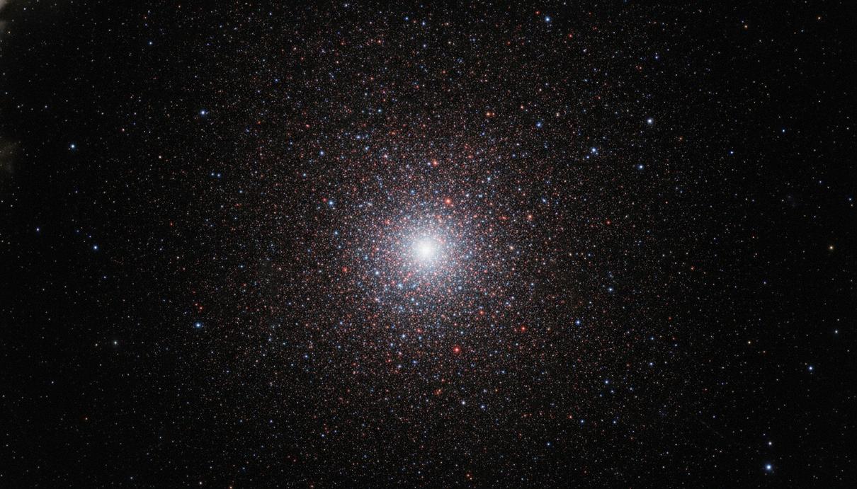 Плотное шаровое скопление NGC 6426: яркие красные, белые и синие звезды разной величины на черном фоне космоса.