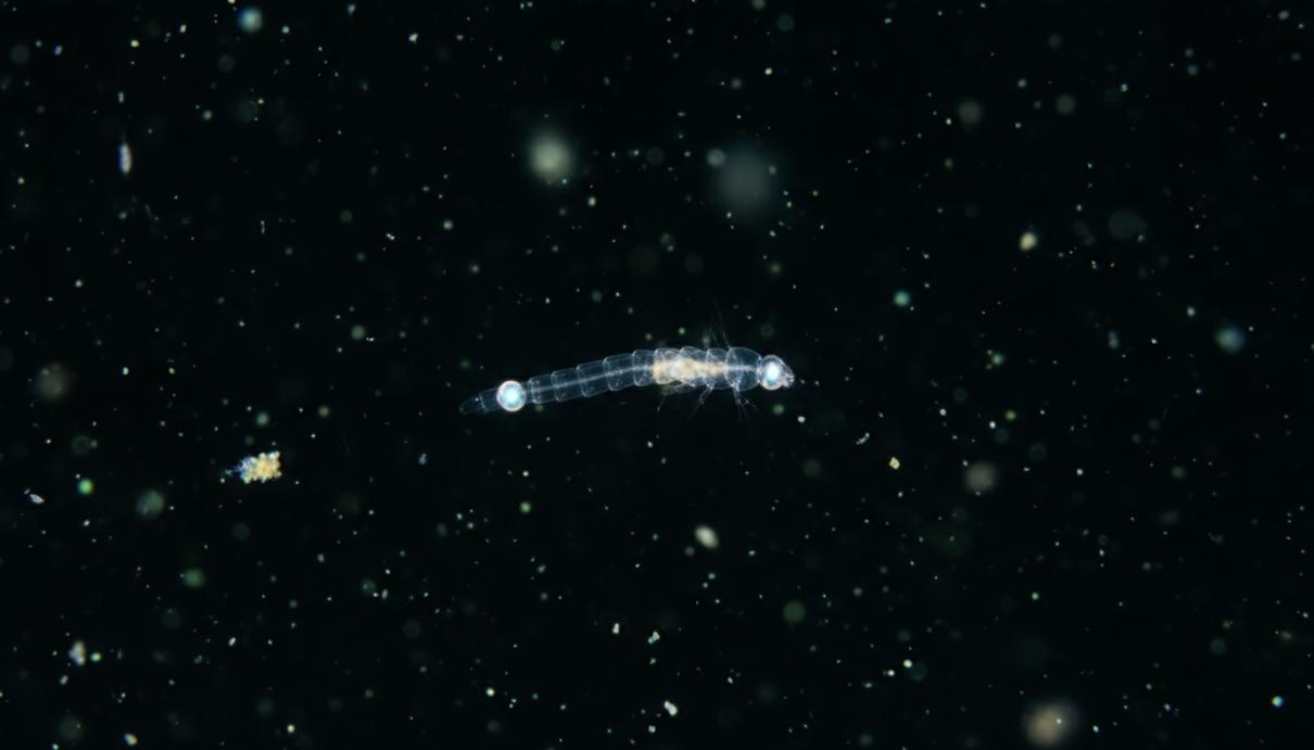 Прозрачная личинка озерной мухи Chaoborus edulis в темной глубине воды, видны небольшие парные воздушные мешки для контроля плавучести.