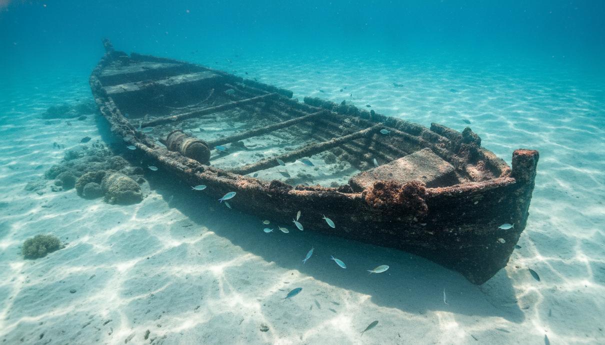 Фрагмент деревянного корпуса древнеримского корабля на морском дне, покрытый темной смолой. Чистая вода, песчаное дно.
