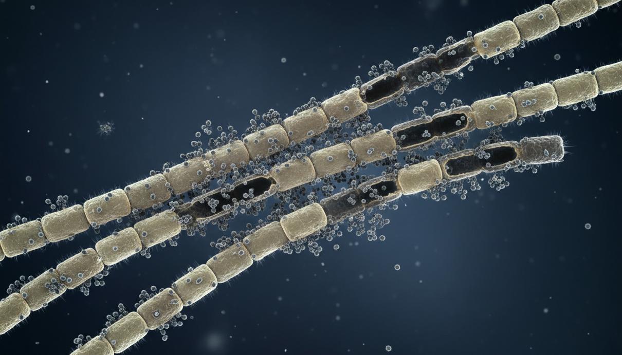 Нитевидная колония архей Methanothrix soehngenii под микроскопом. Мелкие хищные бактерии атакуют колонию.