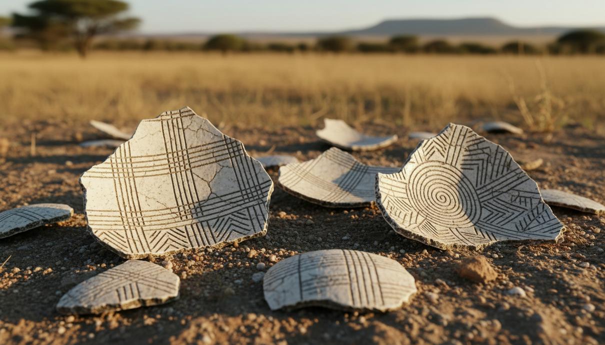 Фрагменты древней скорлупы страуса с выгравированными на ней геометрическими узорами лежат на песчаной почве.