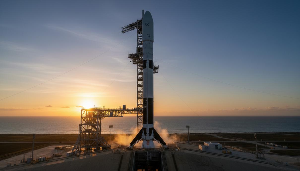 Ракета-носитель Falcon Heavy с телескопом «Роман» на борту на стартовой площадке 39A космодрома Кеннеди перед запуском.
