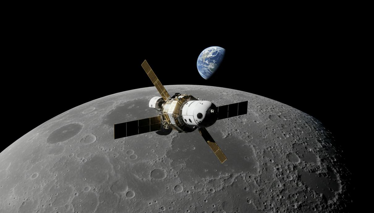 Космический корабль «Орион» в глубоком космосе на фоне крупного плана поверхности Луны, в отдалении видна планета Земля.