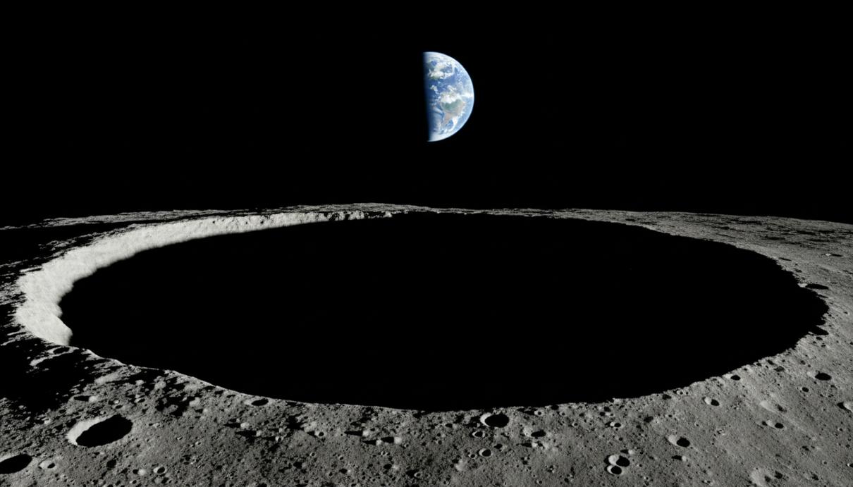 Земные микробы могут выжить в затенённых районах Луны Поверхность Луны в районе Южного полюса. Край кратера отбрасывает глубокую тень на его дно. В чёрном небе видна Земля.