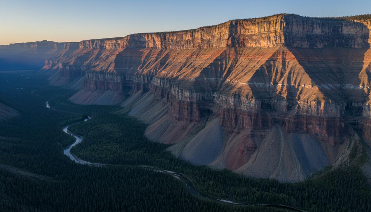 Древний скальный уступ высотой в километр, простирающийся по доисторическому ландшафту Северной Америки. Видны глубокие геологические слои и следы эрозии.