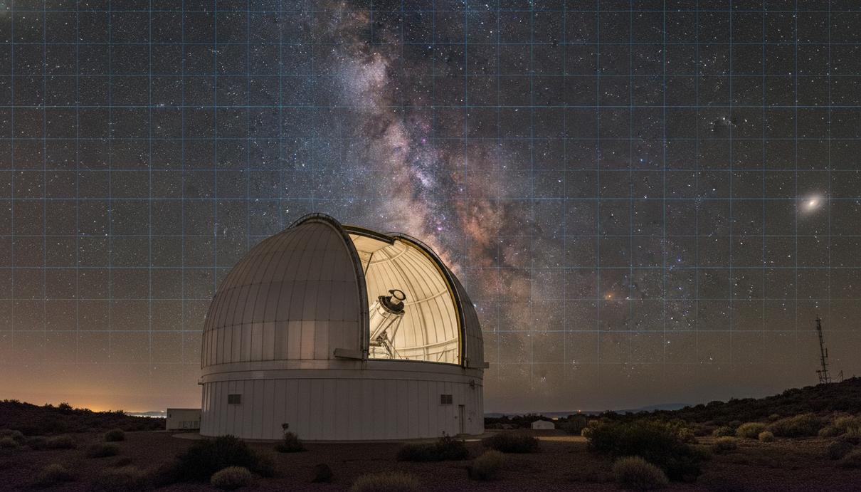 Обзор неба SDSS-V стал глобальным, охватив Южное полушарие Купол телескопа в обсерватории Лас-Кампанас ночью под звёздным небом с яркой полосой Млечного Пути.