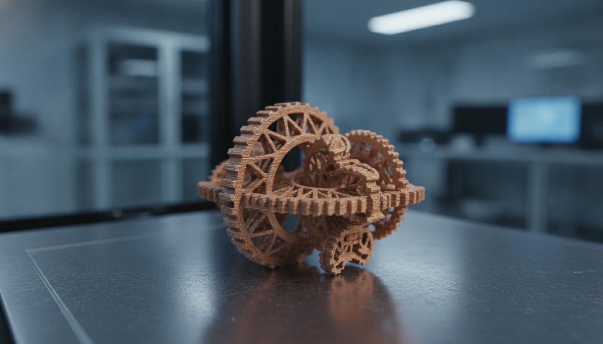 Крупный план детали из медно-хромо-ниобиевого сплава, напечатанной на 3D-принтере, с характерной слоистой текстурой.