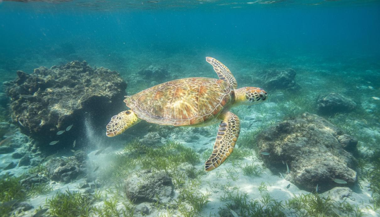 Зелёная морская черепаха жёлтой морфы плывёт в мелководных прибрежных водах Галапагосских островов среди водорослей.