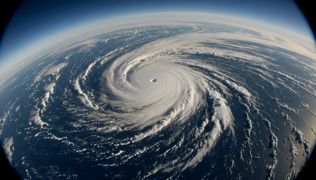 Учёные назвали четыре признака скорого усиления тропических циклонов Огромный тропический циклон над тёмным океаном, вид с большой высоты. Видны спиральные облака и наклонённая вертикальная структура шторма.