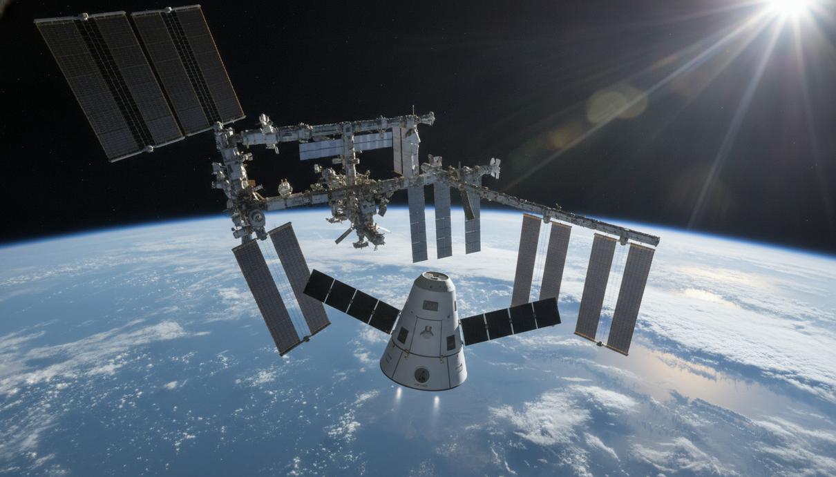 Космический корабль Dragon приближается к Международной космической станции на орбите Земли. Вид из космоса.