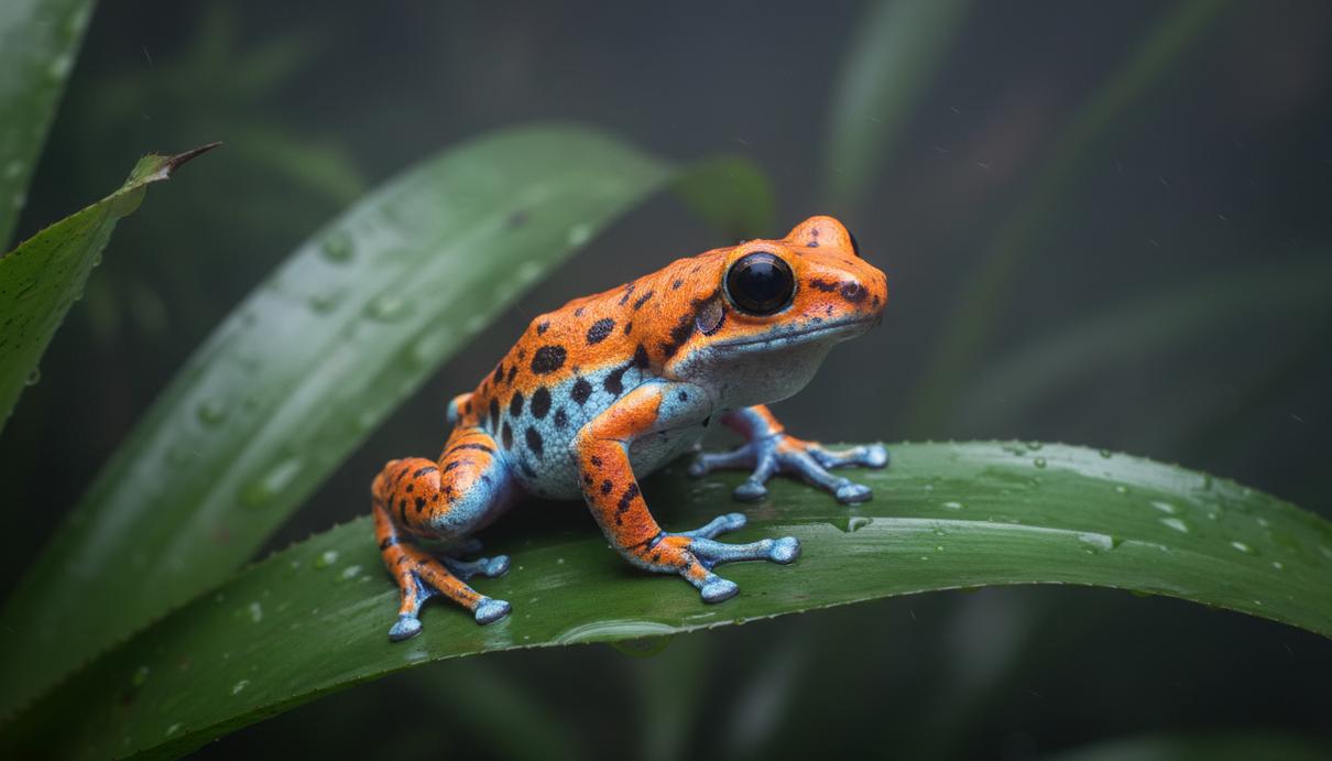 Маленькая лягушка Pristimantis milpe с яркими оранжевыми пятнами сидит на большом мокром зеленом листе в ночном тропическом лесу.