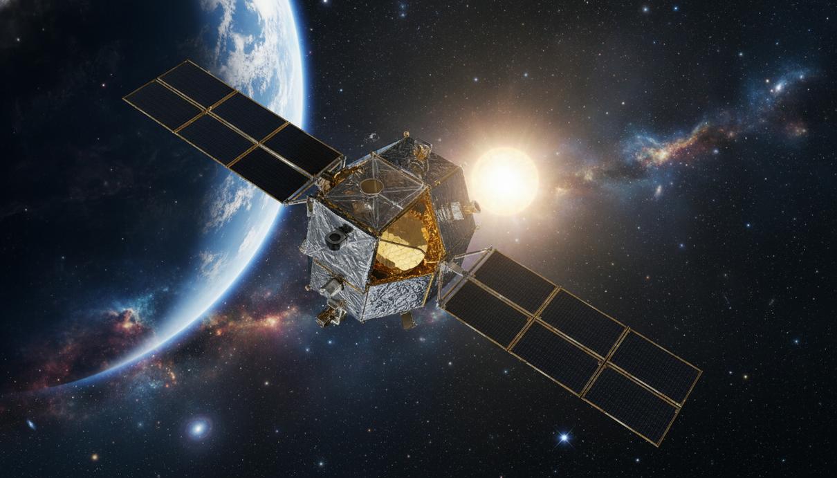 Космический телескоп «Нэнси Грейс Роман» в открытом космосе на фоне далеких Земли и Солнца, звезд и туманностей.