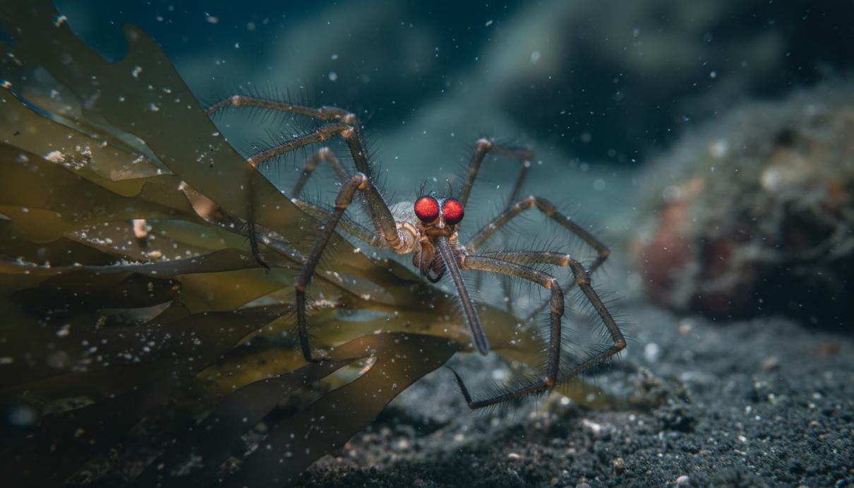 Крупный план морского паука Callipallene pilosuspedes с красными глазами и покрытыми щетинками ногами на морском дне.