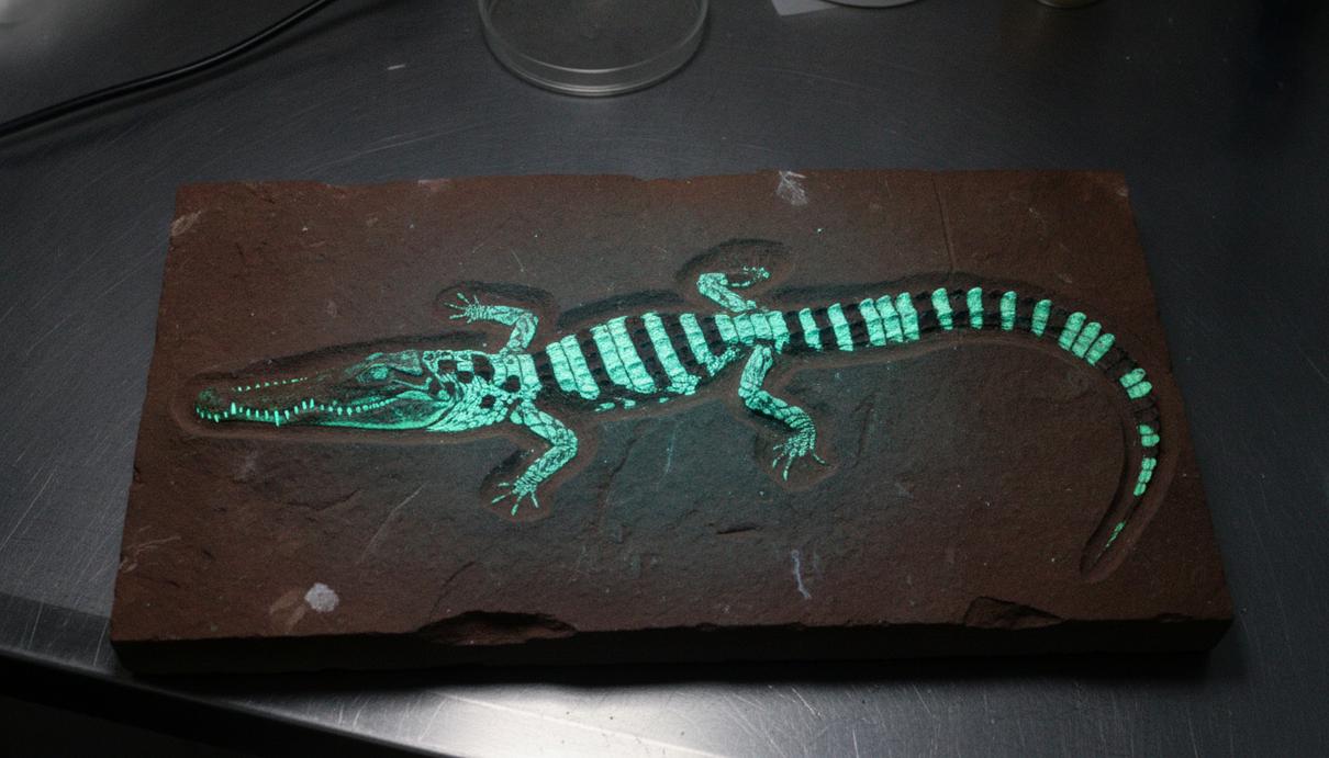 Окаменелость древнего крокодила Montsecosuchus depereti на каменной плите под ультрафиолетовым светом.