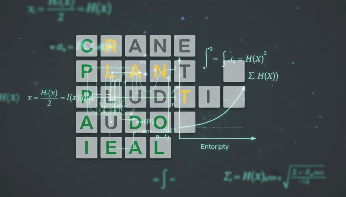 Теория информации позволила решить 99% головоломок Wordle Игровое поле головоломки Wordle с разноцветными ячейками букв на фоне математических формул и графиков теории информации.