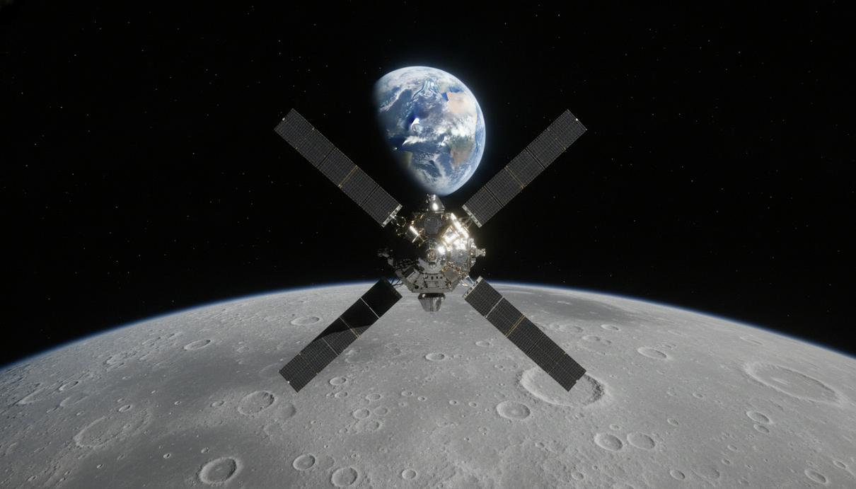 Космический корабль «Орион» на орбите Луны на фоне Земли. Детально видна испещрённая кратерами поверхность спутника.