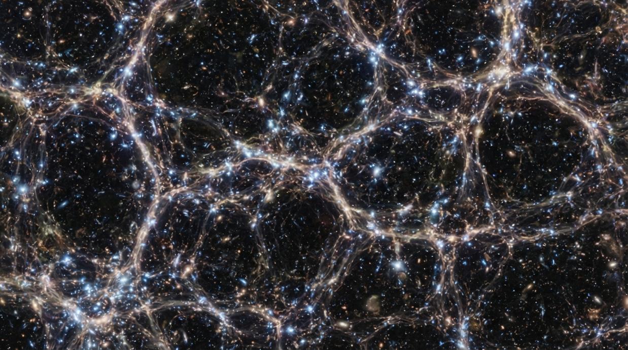 Компьютерная модель ранней Вселенной: фиолетово-синие нити космического газа сходятся в яркие скопления, где рождаются первые галактики.