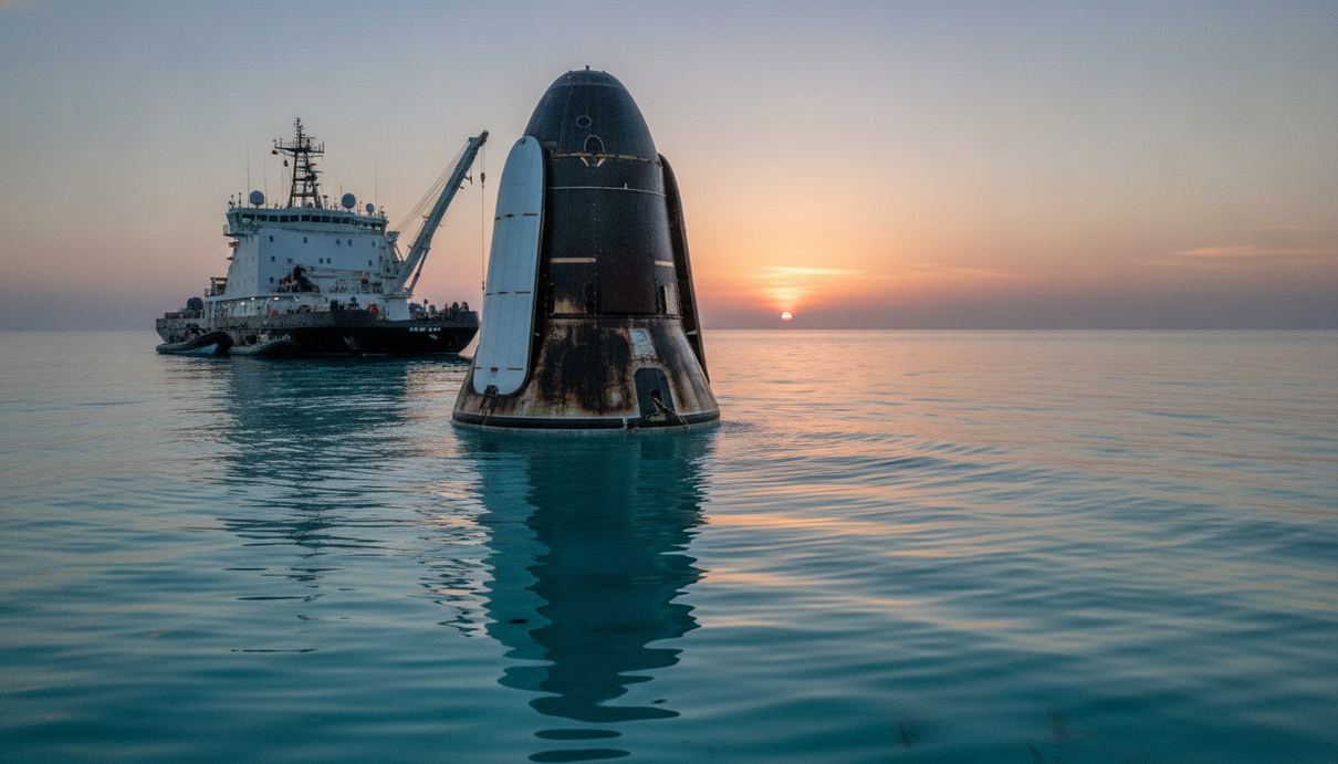 Капсула корабля SpaceX Crew Dragon после приводнения в Тихом океане. На заднем плане видно спасательное судно.
