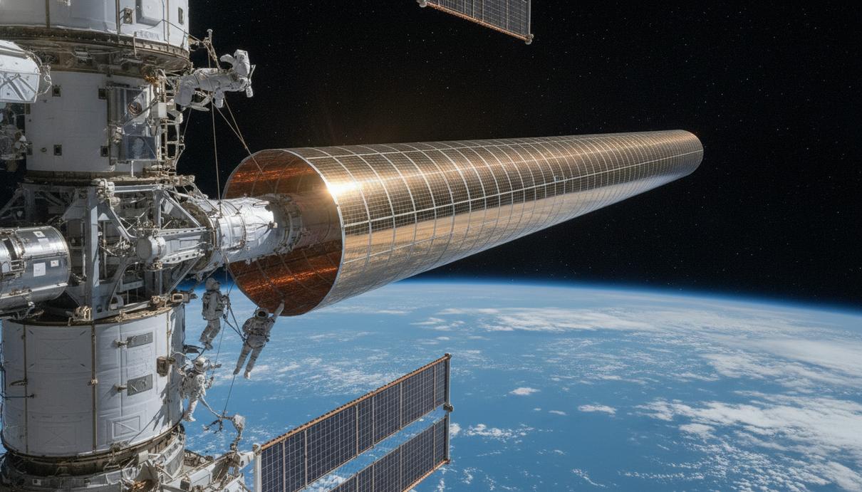 Новая раскладная солнечная панель на внешней стороне Международной космической станции на фоне Земли, видимой из космоса.