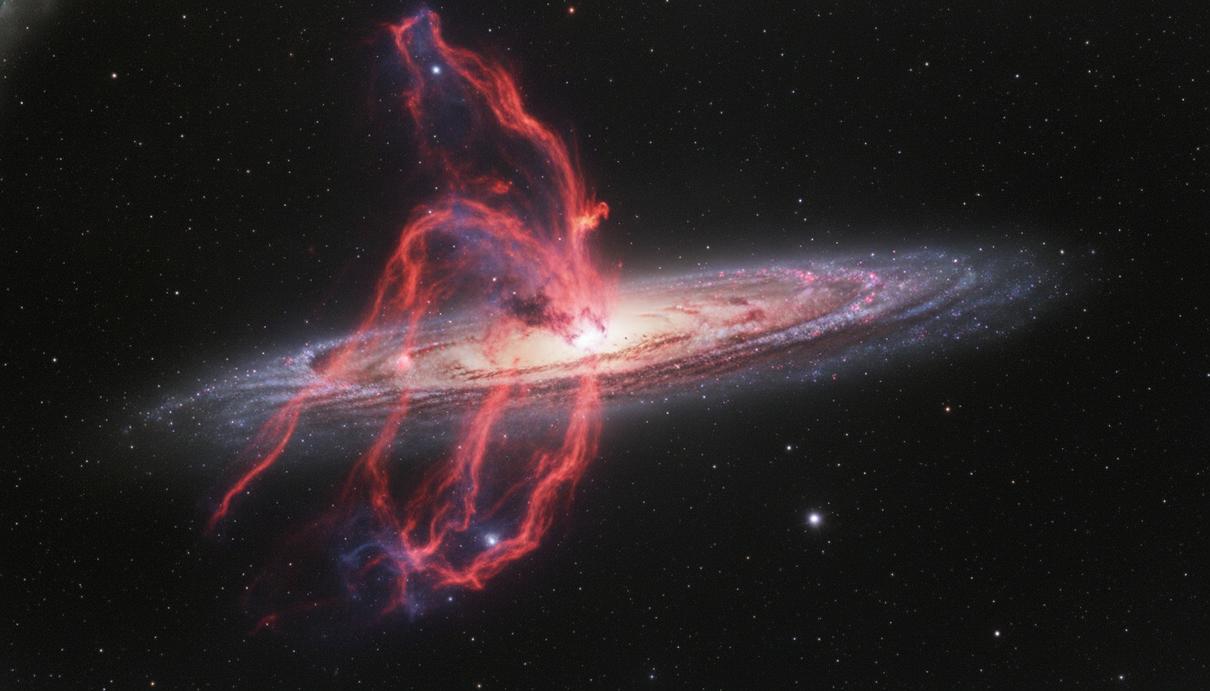 Галактика M 82 (Сигара), видимая сбоку. Из ее центра вверх и вниз вырываются массивные потоки раскаленного газа красно-фиолетового цвета на фоне темного космоса со звездами.