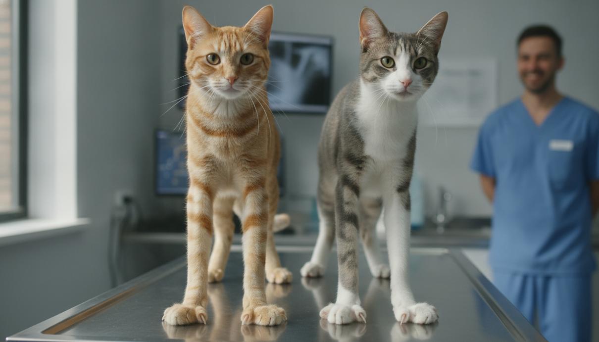 Два домашних кота, рыжий и серо-белый, с необычно длинными лапами сидят рядом друг с другом в ветеринарной клинике.