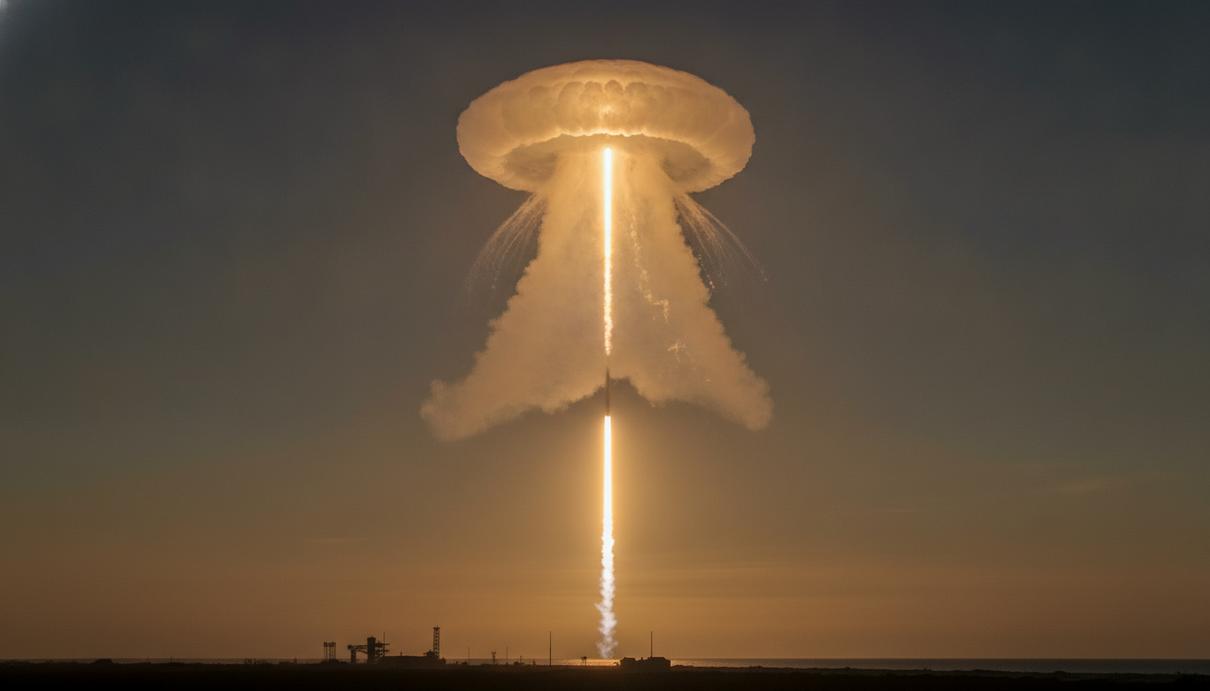 Ракета-носитель Falcon 9 взлетает на рассвете, оставляя в тёмном небе гигантский светящийся шлейф, похожий на медузу.