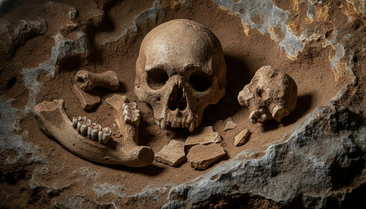 Фрагменты ископаемого черепа Homo erectus и зубы парантропа на камнях в пещере Дримолен, Южная Африка.